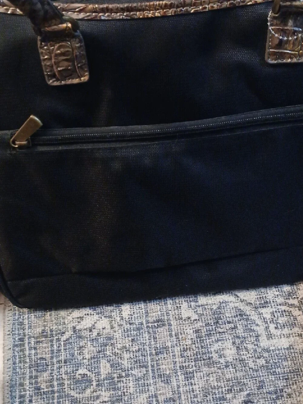 Reba Black Laptop Tote with Metallic Brown Faux-Croc Trim and Tassel